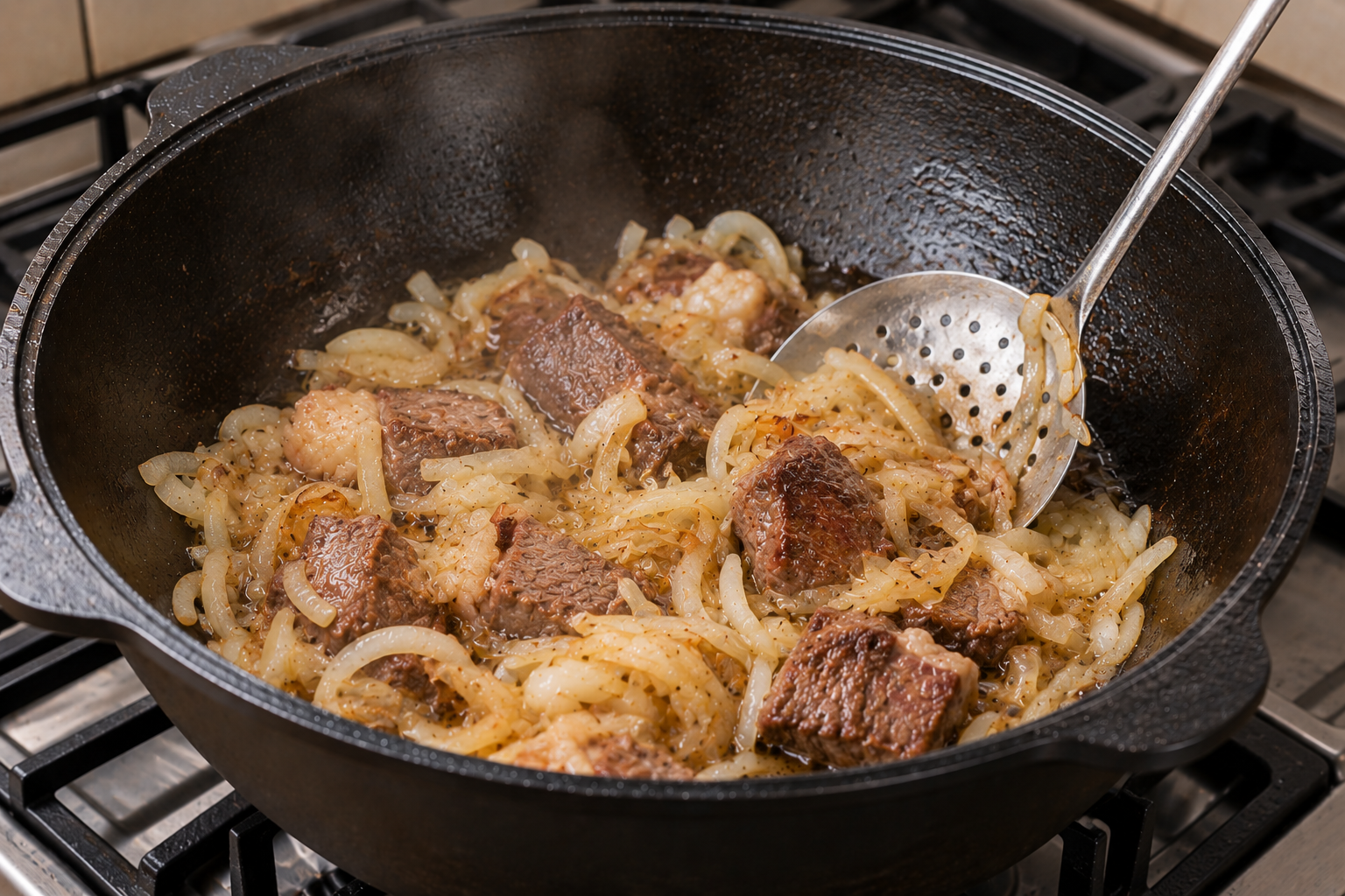 Обжаривание мяса и лука в казане для плова