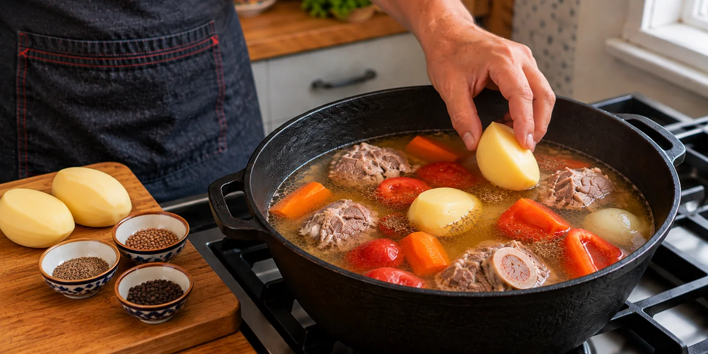 Добавление картофеля и специй в шурпу