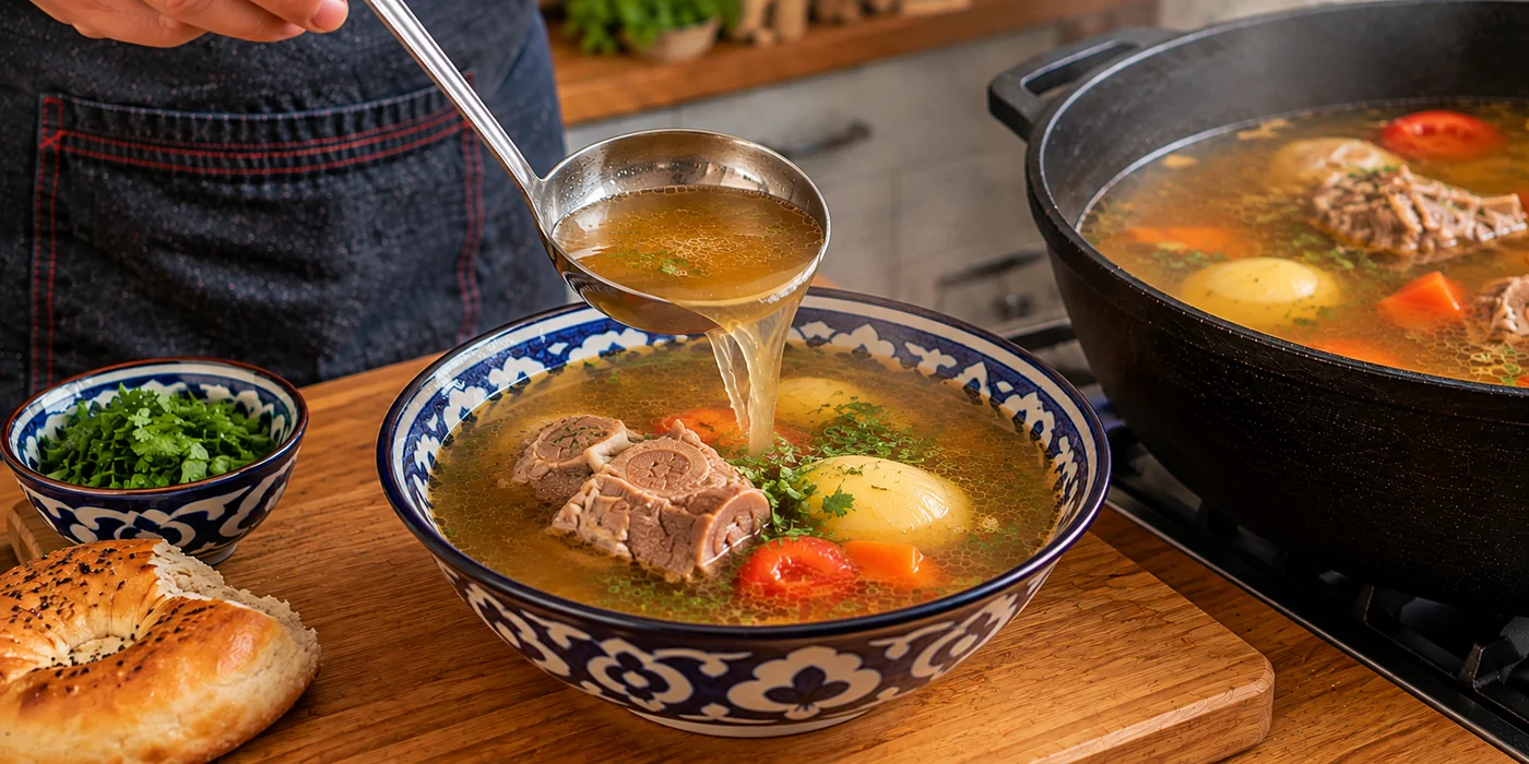 Готовая узбекская шурпа с мясом и овощами